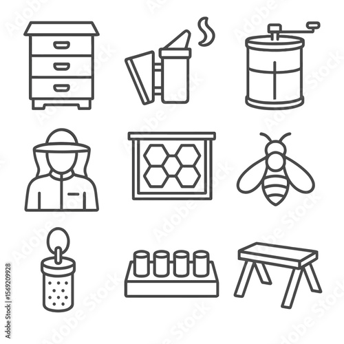 Beekeeping Tools Icons. Outline style icons of Beekeeping: beehive box, bee smoker, honey extractor, beekeeper suit, honeycomb