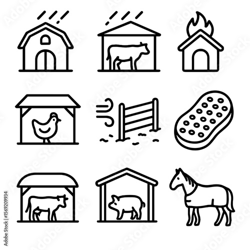 Animal Shelter Icons. Outline style icons of Rain and Shelter for Animals: rainproof barn, covered pen, heated shelter, roofed