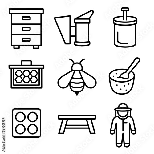 Beekeeping Tools Icons. Outline style icons of Beekeeping: beehive box, bee smoker, honey extractor, beekeeper suit, honeycomb