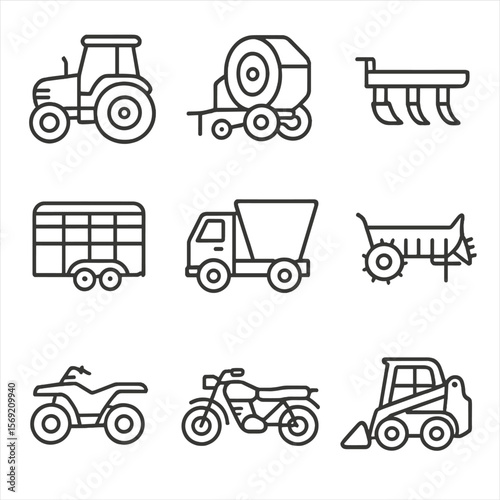 Farming Vehicle Icons. Outline style icons of Farming Vehicles: tractor, hay baler, plow attachment, livestock trailer, feed truck