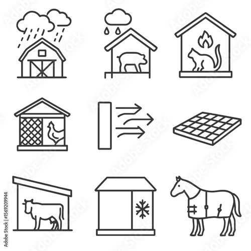 Animal Shelter Icons. Outline style icons of Rain and Shelter for Animals: rainproof barn, covered pen, heated shelter, roofed