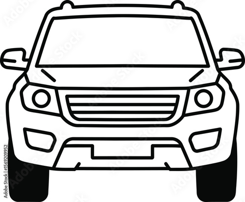 Front view line drawing of a car, featuring headlights, grill, and tires in a simple, graphic style.