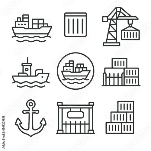 Maritime Transport Icons. Outline style icons of Maritime Transport: cargo ship, shipping container, port crane, tugboat, sea