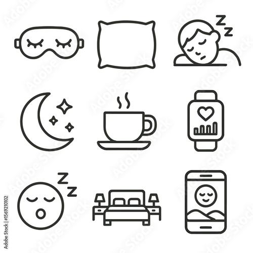 Sleep Health Icons. Outline style icons of Sleep Health: sleep mask, night pillow, sleeping person icon, crescent moon with stars,