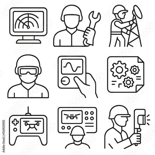 Military Technician Icons. Outline style icons of Military Technicians: radar monitor icon, repair with wrench, comms tower