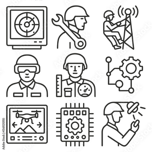 Military Technician Icons. Outline style icons of Military Technicians: radar monitor icon, repair with wrench, comms tower