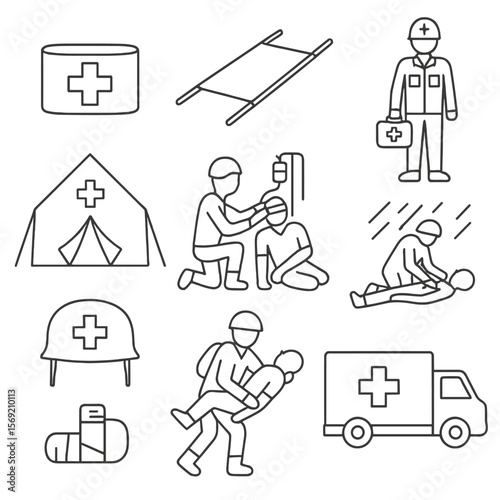 Military Medics Icons. Outline style icons of Military Medics: medic armband, stretcher icon, soldier with first aid kit, field