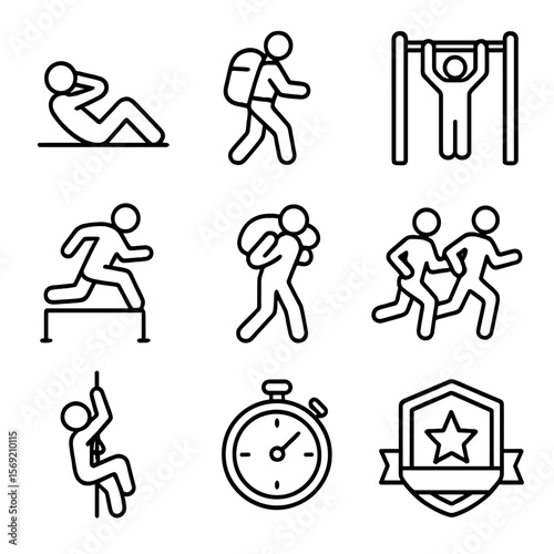Military Fitness Icons. Outline style icons of Military Fitness: sit-up icon, ruck march, pull-up bar, obstacle leap, sandbag