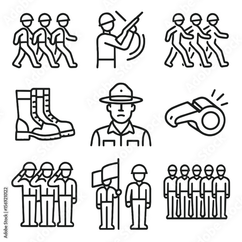 Military Drill Icons. Outline style icons of Military Marching and Drill: group formation march, rifle drill spin, step sync lines