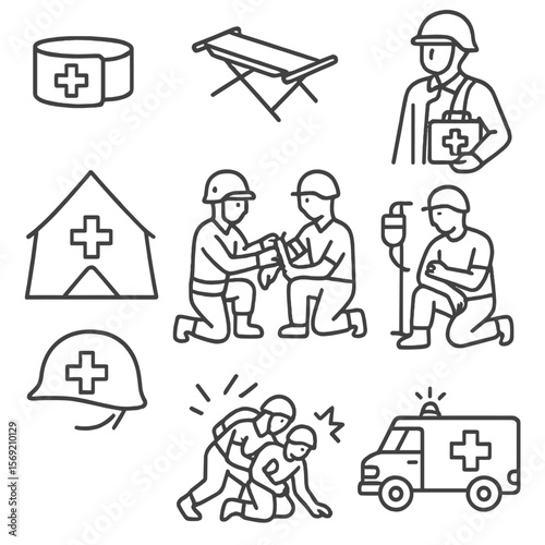 Military Medics Icons. Outline style icons of Military Medics: medic armband, stretcher icon, soldier with first aid kit, field