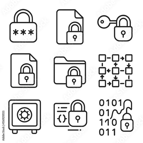 Data Encryption Icons. Outline style icons of Data Encryption: closed lock with code, file encryption icon, key and lock symbol,