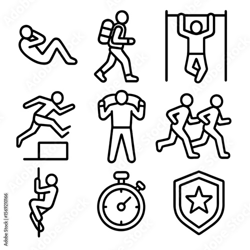 Military Fitness Icons. Outline style icons of Military Fitness: sit-up icon, ruck march, pull-up bar, obstacle leap, sandbag