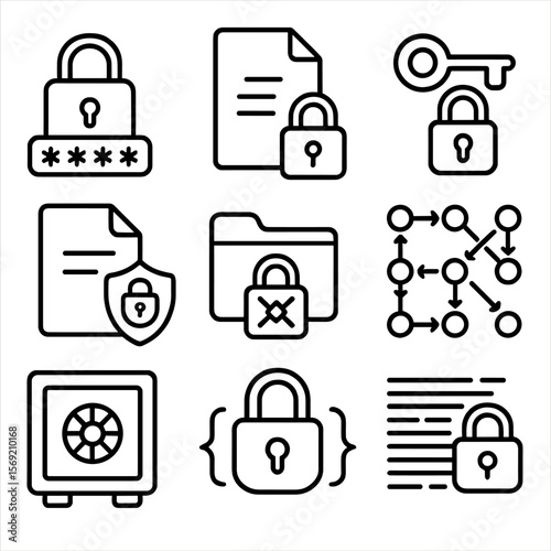 Data Encryption Icons. Outline style icons of Data Encryption: closed lock with code, file encryption icon, key and lock symbol,