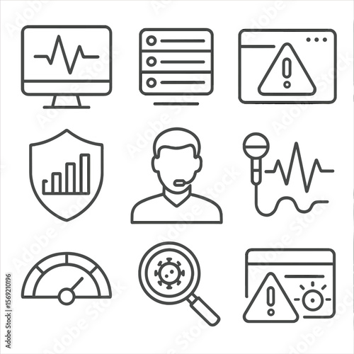 System Monitoring Icons. Outline style icons of System Monitoring: heartbeat icon on screen, activity logs, alert dashboard,