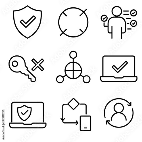 Zero Trust Icons. Outline style icons of Zero Trust Security: zero trust badge, perimeter-free icon, user validation steps, least