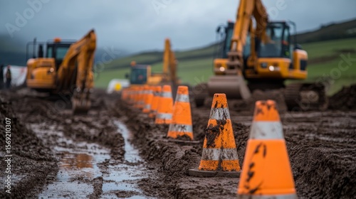 Construction zone with orange traffic cones and idle excavation equipment under overcast sky showing recent rain and muddy ground