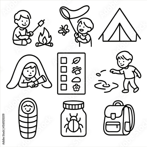 Kids Camping Icons. Outline style icons of Kids Camping Activities: roasting marshmallows, catching bugs, tent drawing, flashlight