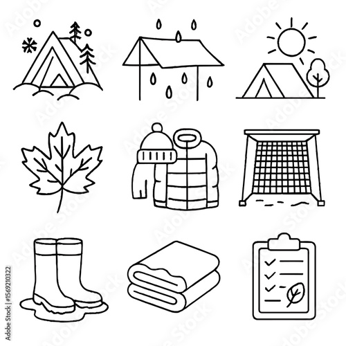 Seasonal Camping Icons. Outline style icons of Seasonal Camping: snow tent, rainy day tarp, summer sun protection, autumn leaf