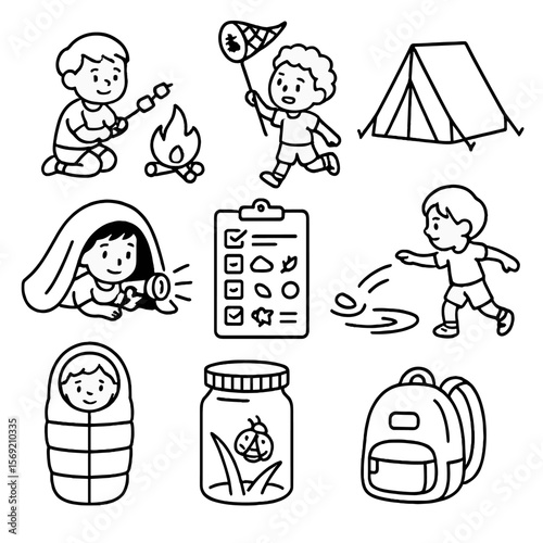 Kids Camping Icons. Outline style icons of Kids Camping Activities: roasting marshmallows, catching bugs, tent drawing, flashlight