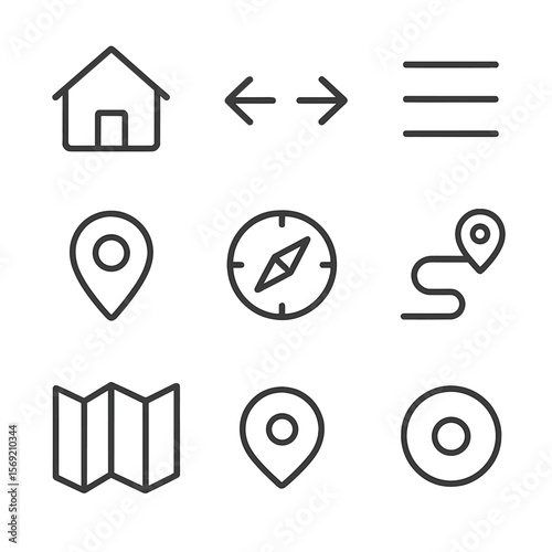 Navigation Icon Set. Outline style icons of Navigation Symbols: home, back arrow, forward arrow, hamburger menu, location pin,