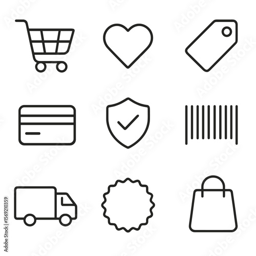 E-commerce Icons Outline. Outline style icons of E-commerce Interface: shopping cart, wishlist heart, tag icon, credit card,