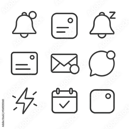 Smart Notification Icons. Outline style icons of Smart Notifications: bell with dot, app badge, snooze alert, pop-up window, email