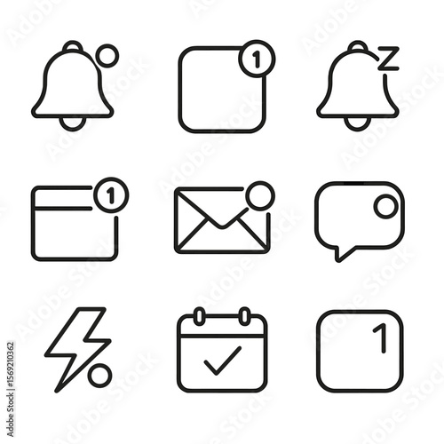 Smart Notification Icons. Outline style icons of Smart Notifications: bell with dot, app badge, snooze alert, pop-up window, email