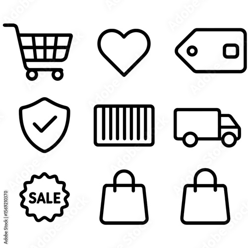 E-commerce Icons Outline. Outline style icons of E-commerce Interface: shopping cart, wishlist heart, tag icon, credit card,