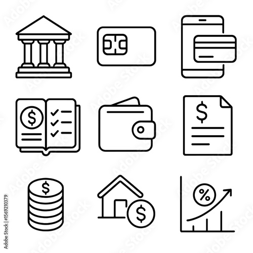 Banking Interface Icons. Outline style icons of Banking Interface: bank building, credit card chip, mobile payment, budget planner