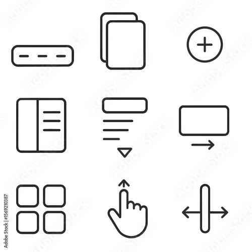 Mobile App Icons. Outline style icons of Mobile App Menus: bottom nav bar, tab switcher, floating action button, sidebar menu,