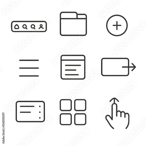 Mobile App Icons. Outline style icons of Mobile App Menus: bottom nav bar, tab switcher, floating action button, sidebar menu,