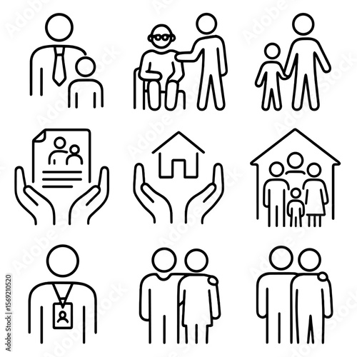 Guardianship and Care Icons. Outline style icons of Guardianship and Caregiving: legal guardian icon, elder care, temporary