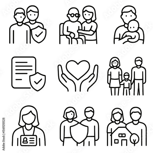 Guardianship and Care Icons. Outline style icons of Guardianship and Caregiving: legal guardian icon, elder care, temporary