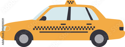 Yellow taxi cab with checkered stripe, side view, isolated on white.