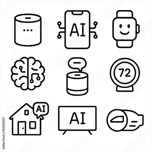 Smart Device Icons. Outline style icons of Smart Devices and Intelligence: smart speaker icon, IoT brain hub, AI-enabled phone,