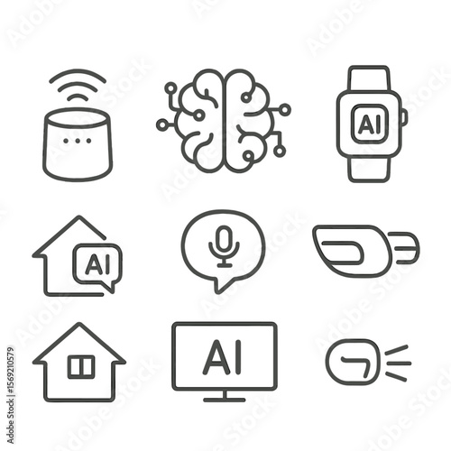 Smart Device Icons. Outline style icons of Smart Devices and Intelligence: smart speaker icon, IoT brain hub, AI-enabled phone,
