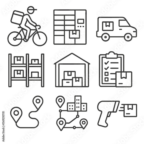 Urban Logistics Icons. Outline style icons of Urban Logistics: courier on bike, delivery locker, last-mile van, warehouse shelves,