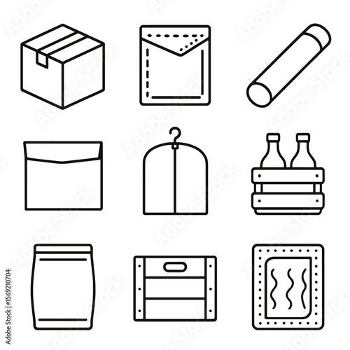 Packaging Icons. Outline style icons of Packaging Types: cardboard box, padded envelope, shipping tube, poly mailer, garment bag,