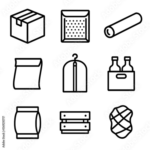 Packaging Icons. Outline style icons of Packaging Types: cardboard box, padded envelope, shipping tube, poly mailer, garment bag,