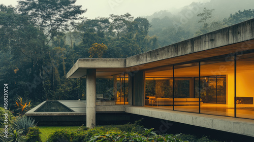 Modern architecture nestled in lush green forest