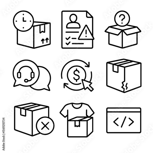 Delivery Issue Icons. Outline style icons of Delivery Troubleshooting: delayed package icon, delivery complaint form, missing item