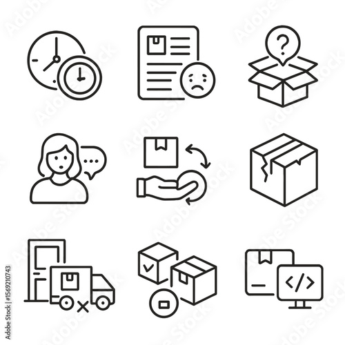 Delivery Issue Icons. Outline style icons of Delivery Troubleshooting: delayed package icon, delivery complaint form, missing item
