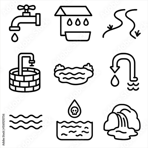 Water Source Icons. Outline style icons of Water Source Icons: tap water, rainwater collection, river water icon, groundwater well