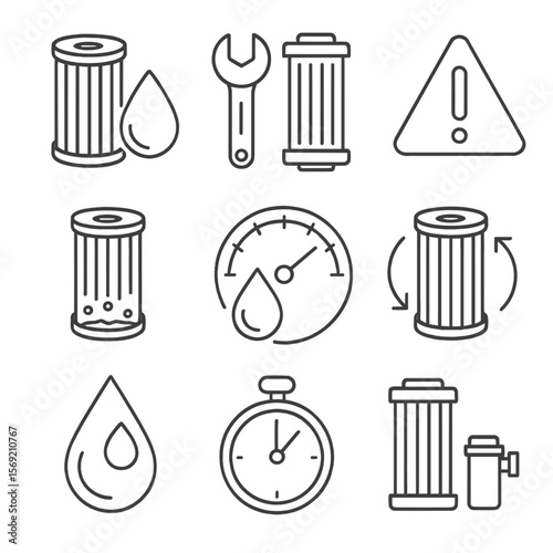 Filter Maintenance Icons. Outline style icons of Maintenance and Replacement: filter change icon, wrench and cartridge, alert