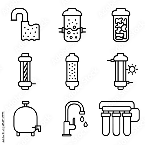 Water Purification Stages. Outline style icons of Purification Stages: raw water entry, sediment stage, carbon stage, RO stage,