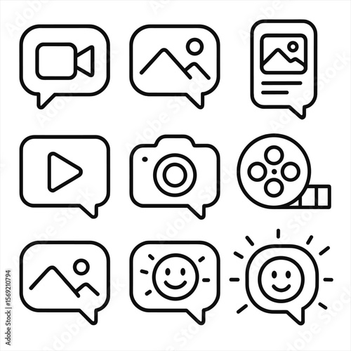 Outline Messaging Icons. Outline style icons of Video and Visual Messaging: video call bubble, image reply bubble, screenshot