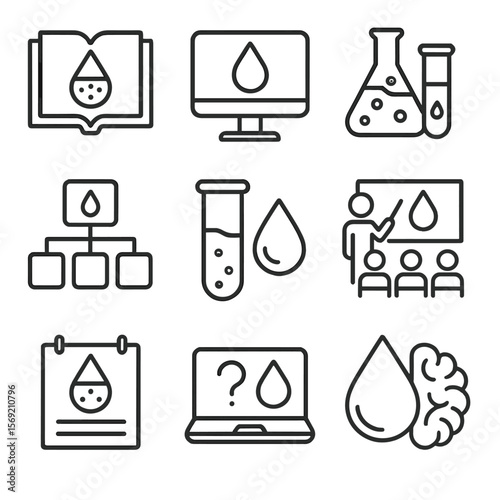 Water Purification Icons. Outline style icons of Water Purification Education Symbols: book with filter icon, learning module on