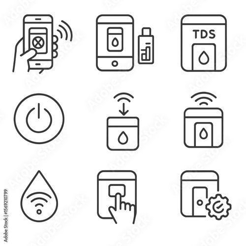 Smart Purifier Icons. Outline style icons of Smart Purification Systems: app-controlled purifier, filter life sensor, digital TDS