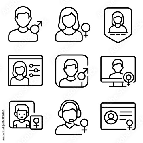 Digital Gender Icons. Outline style icons of Digital Avatar Gender Tags: digital person with Mars, digital profile and Venus,