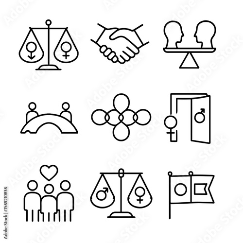 Gender Equality Icons. Outline style icons of Gender Equality: balanced scale with gender icons, handshake with Venus and Mars,